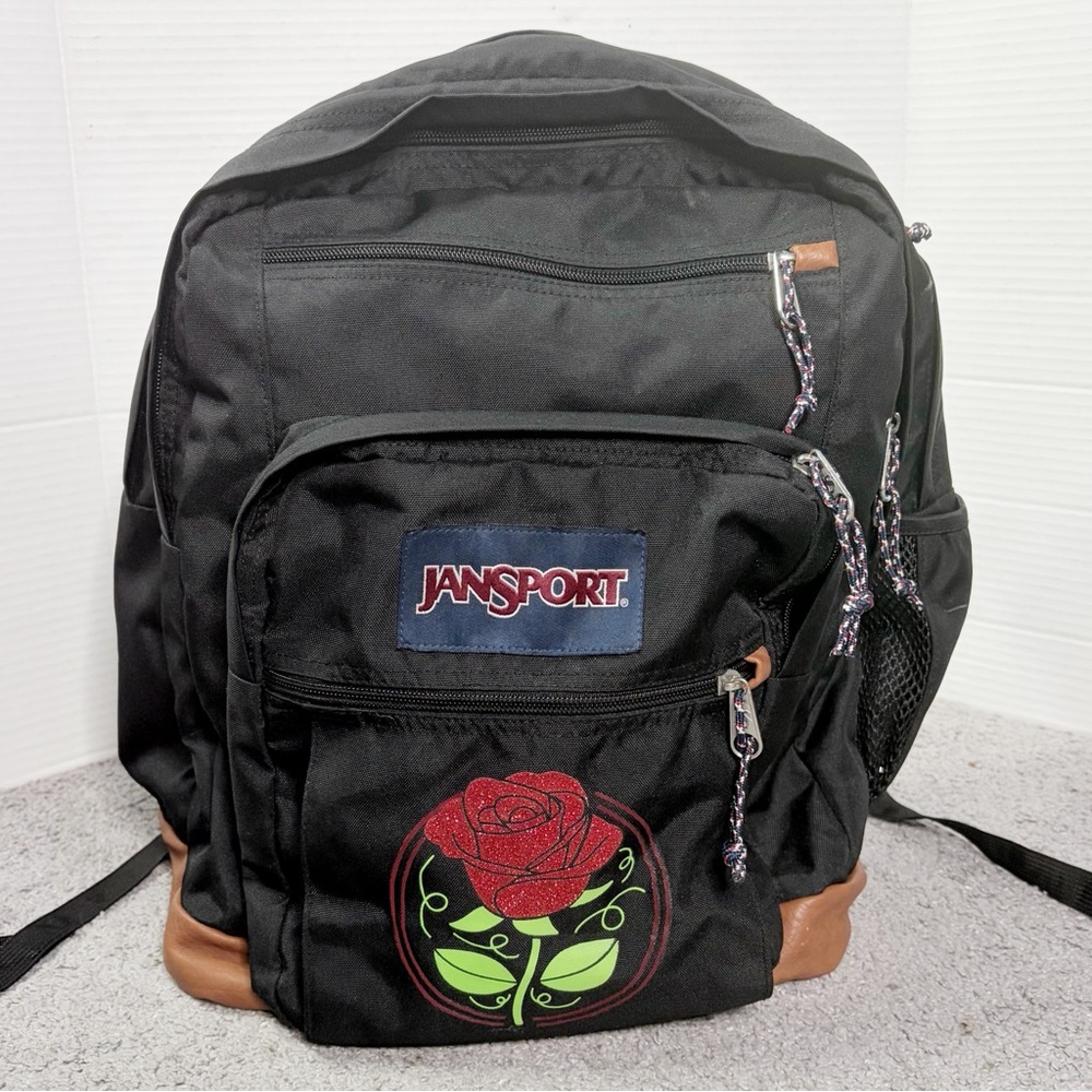 JANSPORT Black Right Pack Expressions Rose Leather Bottom Backpack School Bag